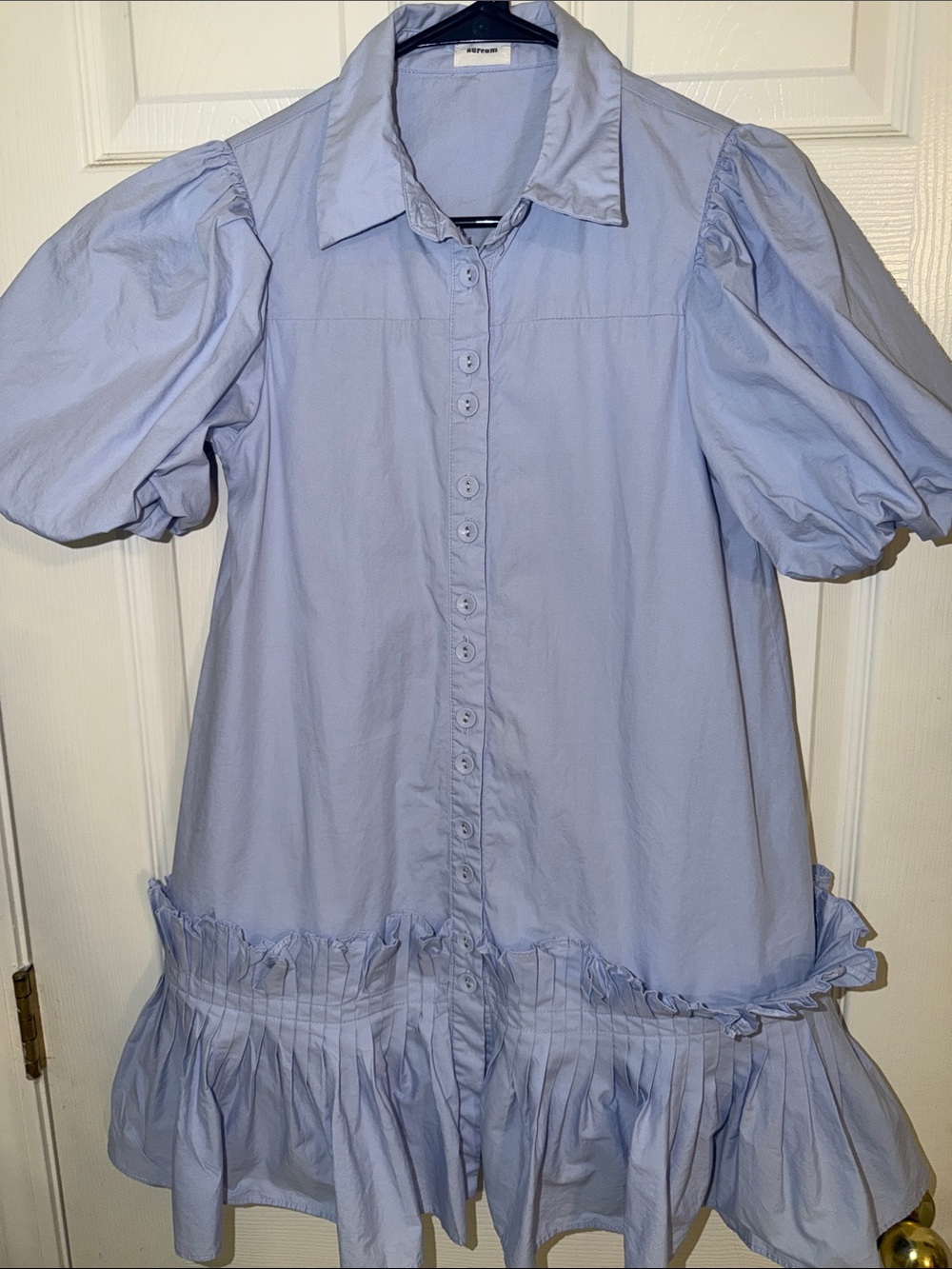 Aureum Blue Cotton Puff Sleeve Drop Waist Pleated Ruffle Mini Shirt Dress XS EUC - Picture 3 of 10